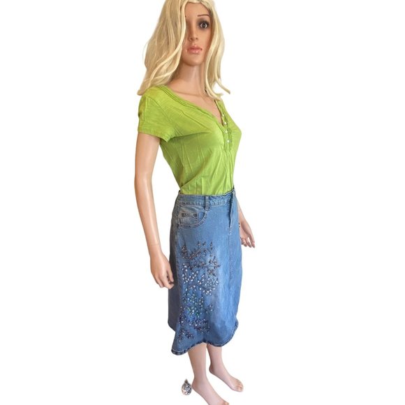 Mango Vintage Bead Applique Jean Skirt 33x25 5 pockets Cotton Stretch Medium - Picture 15 of 17